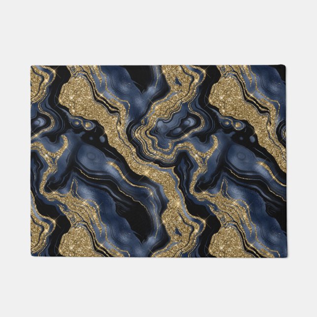 Elegant Navy Blue and Gold Glitter Agate Pattern Doormat (Front)
