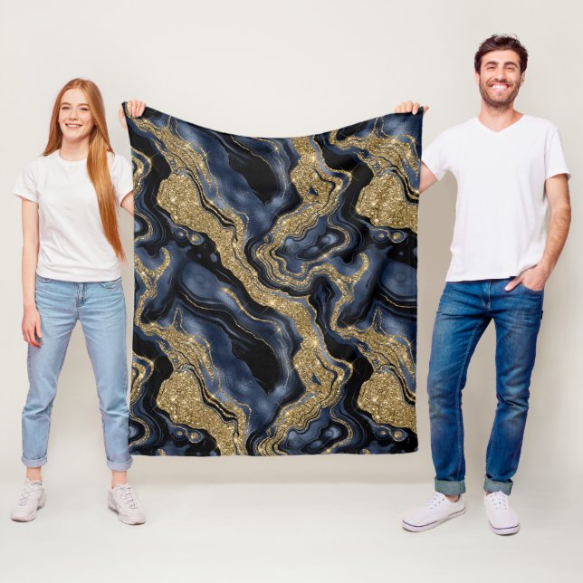 Elegant Navy Blue and Gold Glitter Agate Pattern Fleece Blanket (In Situ)