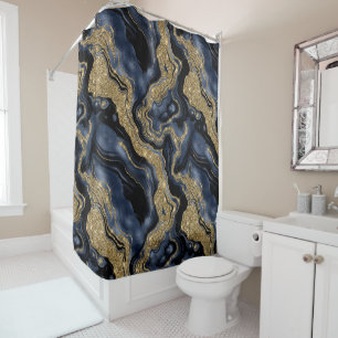 Elegant Navy Blue and Gold Glitter Agate Pattern Shower Curtain