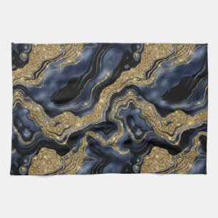 Elegant Navy Blue and Gold Glitter Agate Pattern Tea Towel