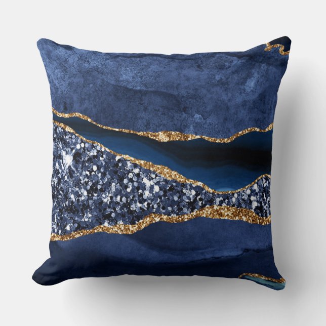 Elegant Navy Blue and Gold Glitter Ocean Agate Cushion (Front)