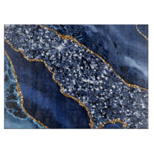 Elegant Navy Blue and Gold Glitter Ocean Agate Cutting Board