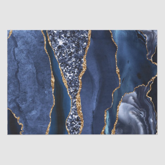 Elegant Navy Blue and Gold Glitter Ocean Agate Tissue Paper (Front)