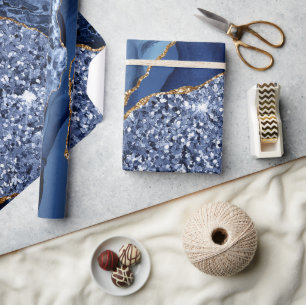 Elegant Navy Blue and Gold Glitter Ocean Agate Wrapping Paper