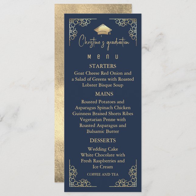 Elegant Navy Blue and Gold Graduation Menu (Front/Back)