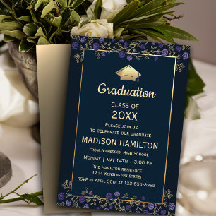 Elegant Navy Blue and Gold Graduation Party Invitation