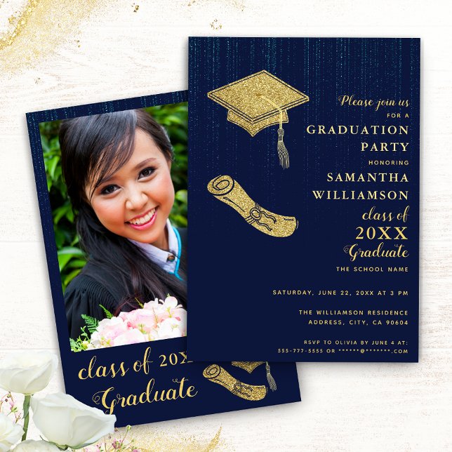 Elegant Navy Blue and Gold Graduation Party Invitation (Creator Uploaded)