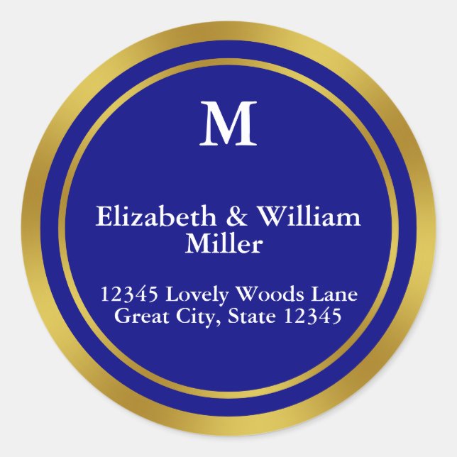 Elegant Navy Blue and Gold Monogram Address Classic Round Sticker (Front)