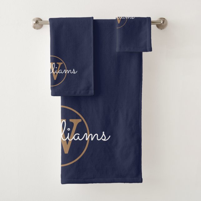 Elegant Navy Blue and Gold Monogram Bath Towel Set (Insitu)