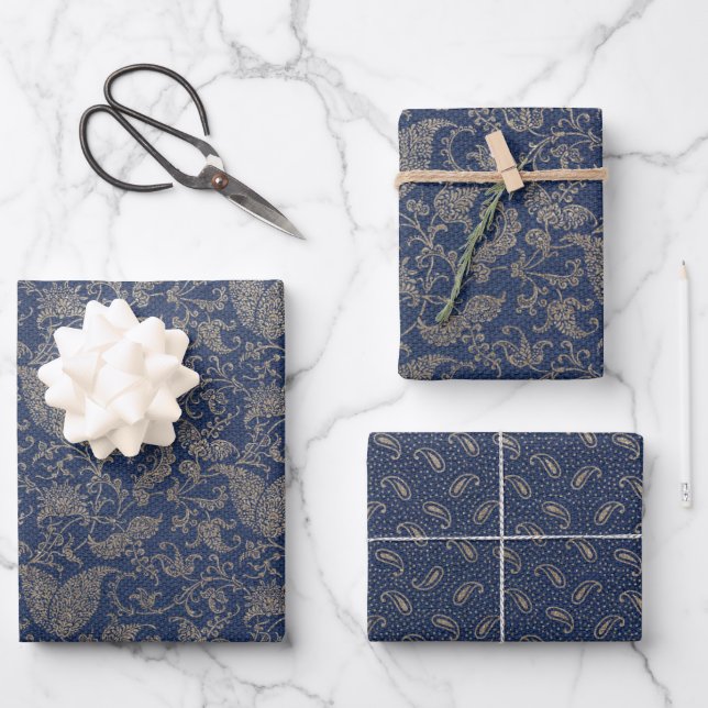 Elegant Navy Blue and Gold Pattern  Wrapping Paper Sheet (Front)
