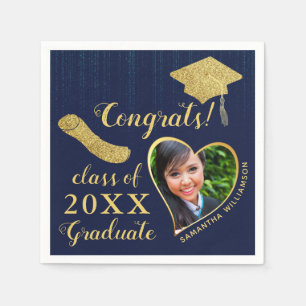 Elegant Navy Blue and Gold Photo 2023 Graduation Napkin