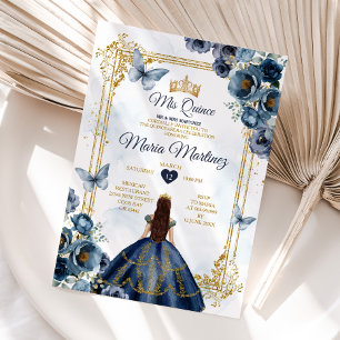 Elegant Navy Blue And Gold Princess Quiñceanera Invitation