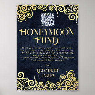 Elegant Navy Blue And Gold QR Code Honeymoon Fund Poster
