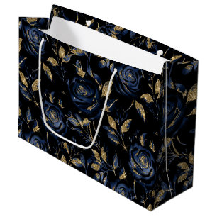 Elegant Navy Blue and Gold Rose Floral Pattern Large Gift Bag