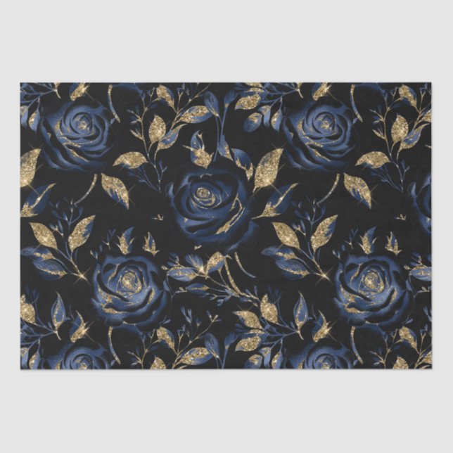 Elegant Navy Blue and Gold Rose Floral Pattern Tissue Paper (Front)
