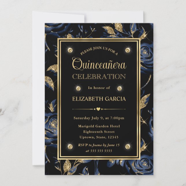 Elegant Navy Blue and Gold Rose Floral Quinceanera Invitation (Front)
