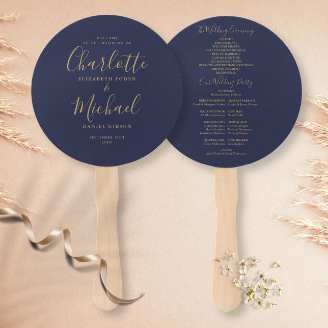 Elegant Navy Blue And Gold Script Wedding Program Hand Fan (Creator Uploaded)