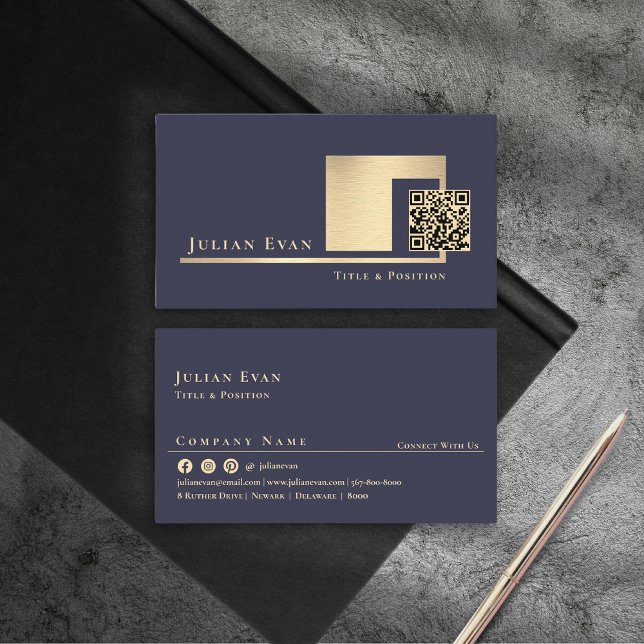 Elegant Navy Blue and Gold Shiny Scannable QR code Business Card (Elegant Navy Blue and Gold Shiny Scannable QR code Business Card )