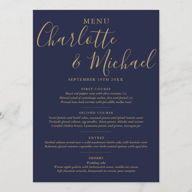 Elegant Navy Blue And Gold Signature Wedding Menu (Front)