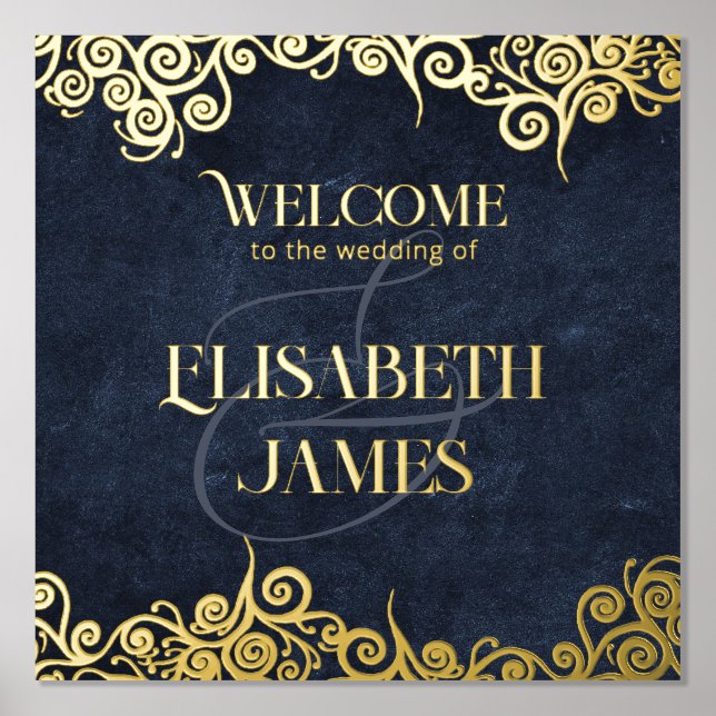   Elegant Navy Blue And Gold Swirl Wedding Welcome Foil Prints (Front)