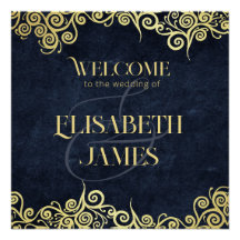 Elegant Navy Blue And Gold Swirl Wedding Welcome