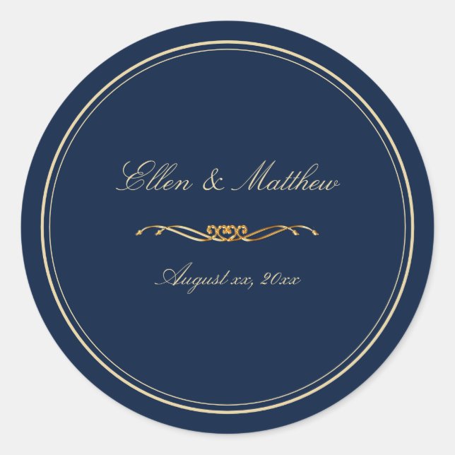 Elegant Navy Blue and Gold Trim Wedding Classic Round Sticker (Front)