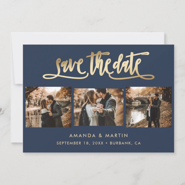 Elegant Navy Blue and Gold Wedding 3 Photo Save The Date (Front)