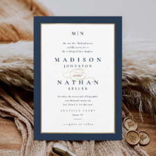 Elegant Navy Blue and Gold Wedding Invitation