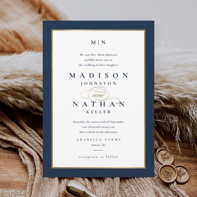 Elegant Navy Blue and Gold Wedding Invitation (Elegant Typography Navy Blue and Gold Wedding Monogram Invitation.)