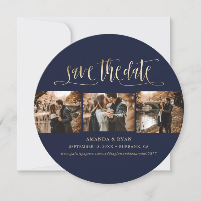 Elegant Navy Blue and Gold Wedding Photo Save The Date (Front)