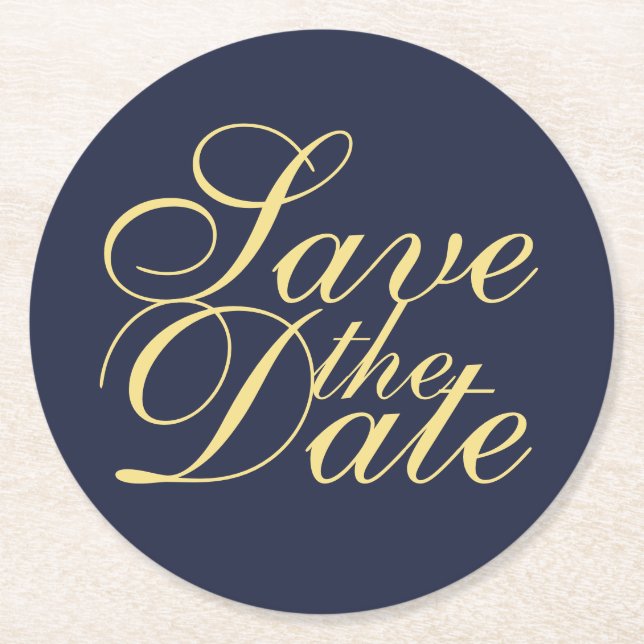 Elegant Navy Blue and Gold Wedding Save the Date Round Paper Coaster (Front)