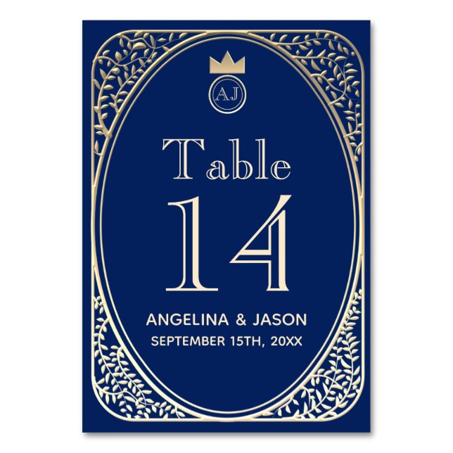 Elegant Navy Blue and Gold Wedding Table Number (Front)