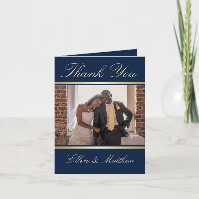 Elegant Navy Blue and Gold Wedding Thank You Card (Front)