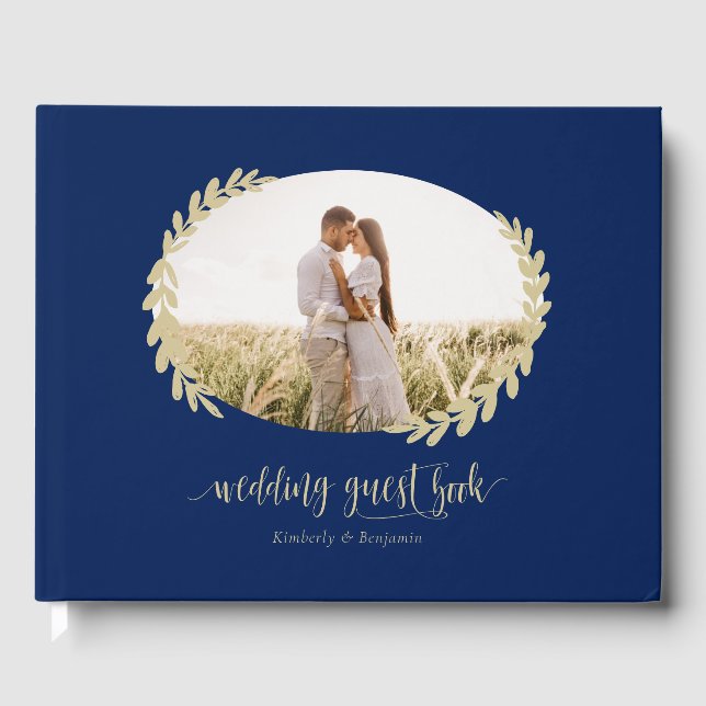 Elegant Navy Blue and Gold Wreath Wedding Photo Guest Book (Front)