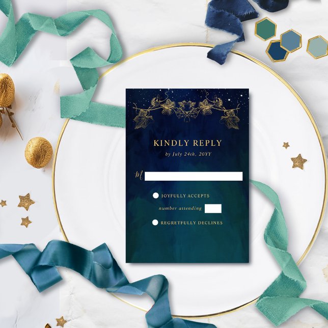 Elegant Navy, Blue and Green Celestial Gilded RSVP (Creator Uploaded)
