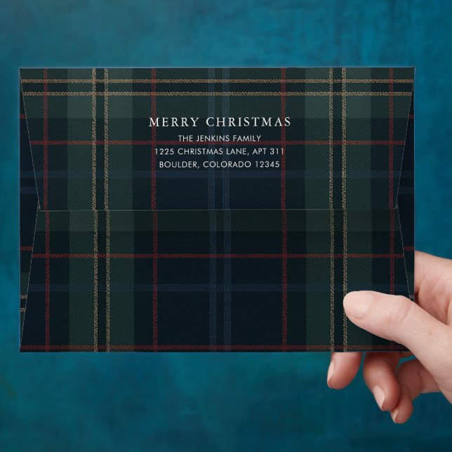Elegant Navy Blue and Green Plaid Christmas Envelope (Hand)