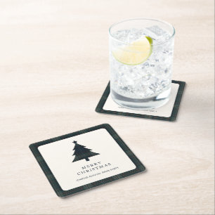 Elegant Navy Blue and Green Plaid Christmas Tree Square Paper Coaster