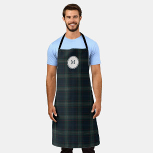 Elegant Navy Blue and Green Plaid Monogram Apron
