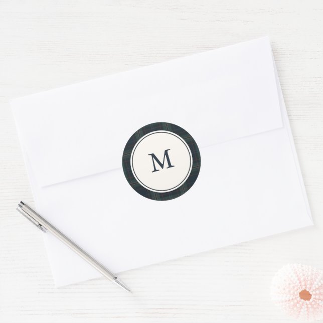 Elegant Navy Blue and Green Plaid Monogram Classic Round Sticker (Envelope)