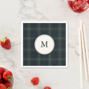 Elegant Navy Blue and Green Plaid Monogram Napkin