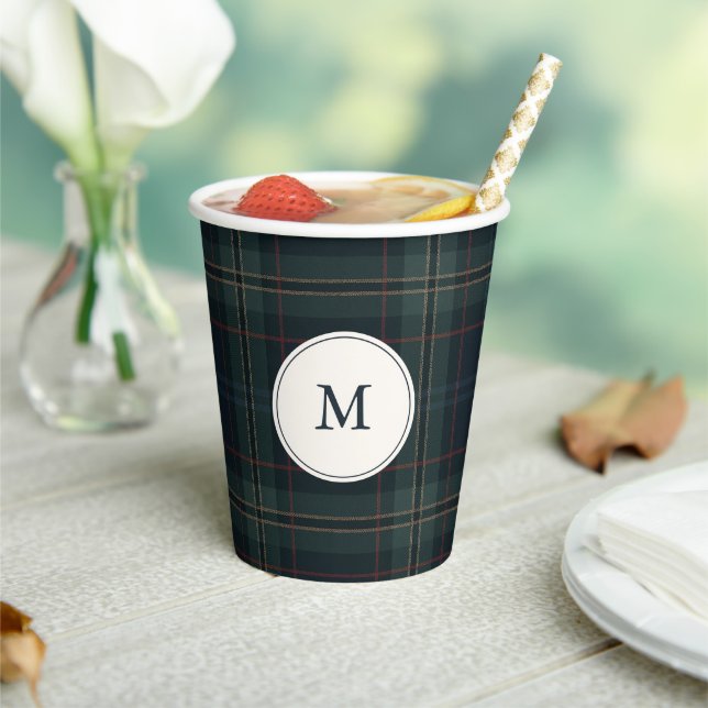 Elegant Navy Blue and Green Plaid Monogram Paper Cups (Insitu)