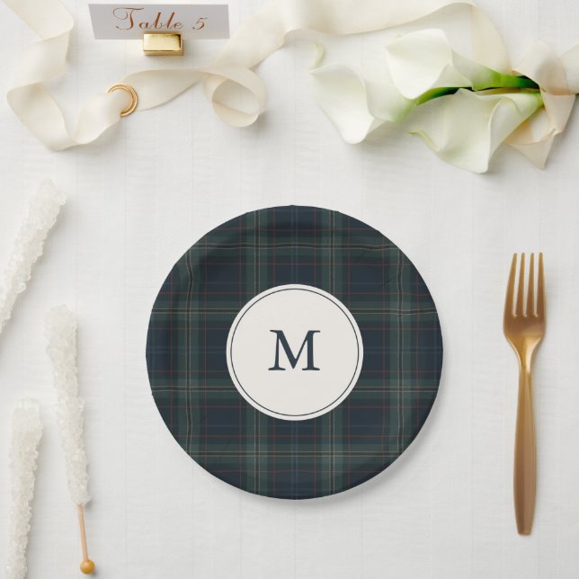Elegant Navy Blue and Green Plaid Monogram Paper Plate (Wedding)