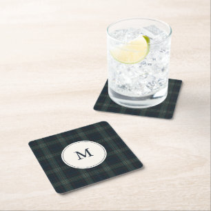 Elegant Navy Blue and Green Plaid Monogram Square Paper Coaster