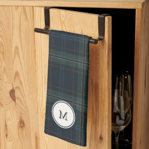 Elegant Navy Blue and Green Plaid Monogram Tea Towel