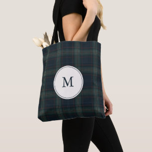 Elegant Navy Blue and Green Plaid Monogram Tote Bag