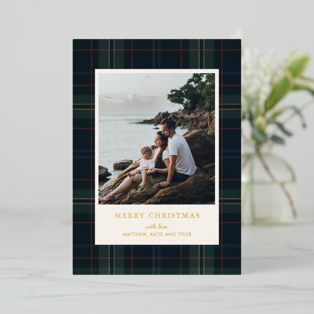 Elegant Navy Blue and Green Plaid Photo Christmas Foil Holiday Card (Standing Front)