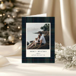 Elegant Navy Blue and Green Plaid Photo Christmas Holiday Card<br><div class="desc">Modern Christmas card featuring a timeless design with your favourite photo over a muted navy blue and green plaid background along with the greeting,  "Merry Christmas".  Use the template to add your personalised message.</div>