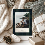 Elegant Navy Blue and Green Plaid Photo Christmas Holiday Card<br><div class="desc">Modern Christmas card featuring a timeless design with your favourite photo over a muted navy blue and green plaid background along with the greeting,  "Merry Christmas".  Use the template to add your personalised message.</div>