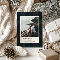 Elegant Navy Blue and Green Plaid Photo Christmas