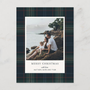 Elegant Navy Blue and Green Plaid Photo Christmas Holiday Postcard